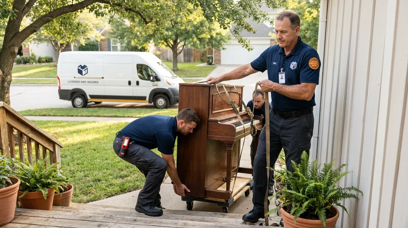 Licensed piano movers securing grand piano in Sidney, MT